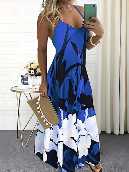 Women's Maxi Dress - Sleeveless Thin Straps - Floral Print - Flowing A-Line Fit