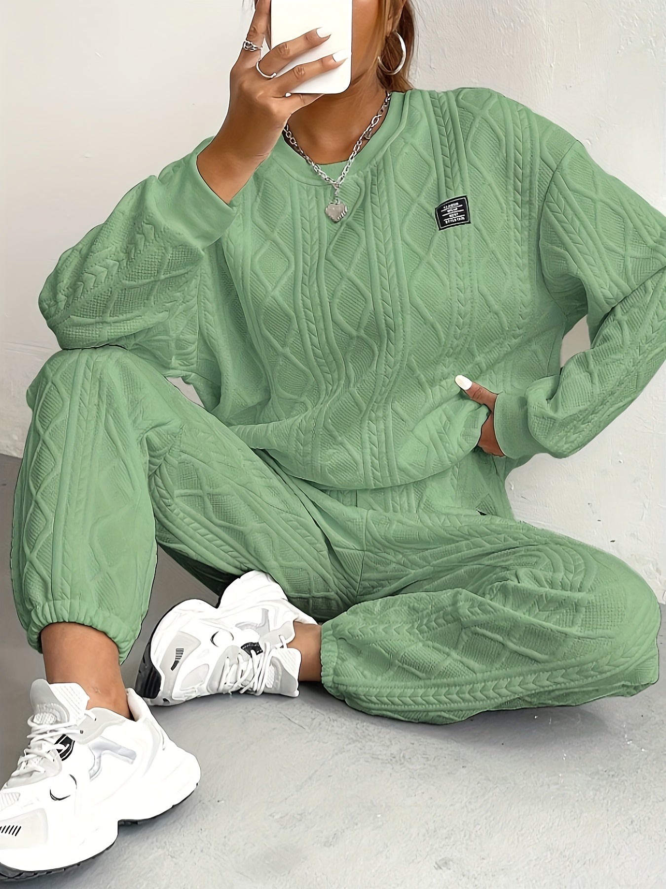 Women’s Lounge Set – Relaxed Fit – Soft Knit – Cable Pattern – Full Length Comfort