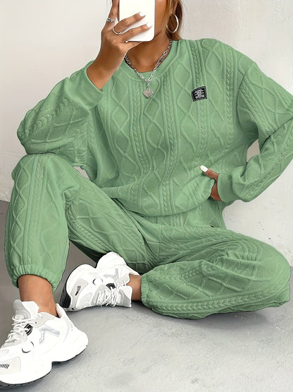 Women’s Lounge Set – Relaxed Fit – Soft Knit – Cable Pattern – Full Length Comfort