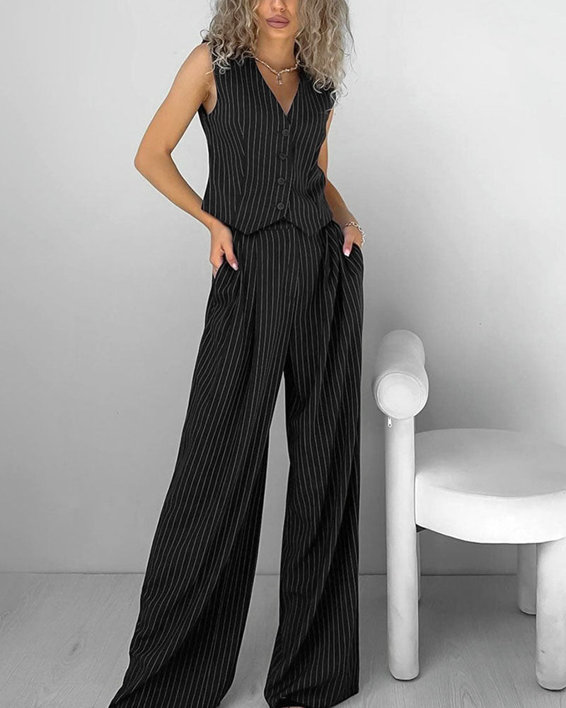 Women’s 2-piece Set – Tailored Vest – Pinstriped – Button-Front – Structured Fit – Wide-Leg Trouser