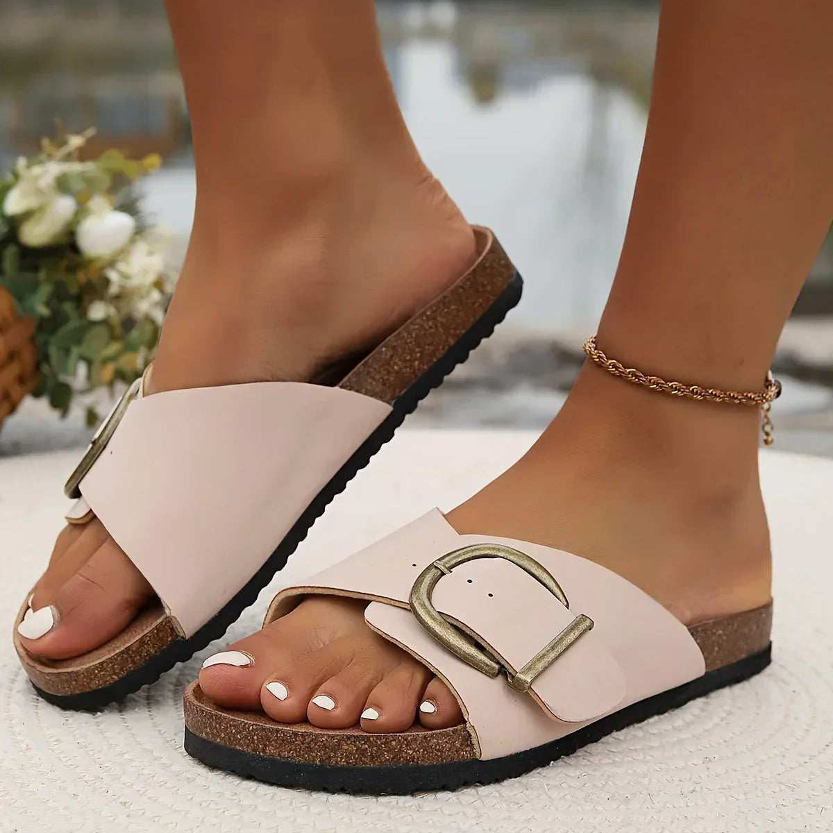 Women’s Sandals – Slip-On – Open Toe – Flat Sole – Cushioned Footbed – Buckle Strap