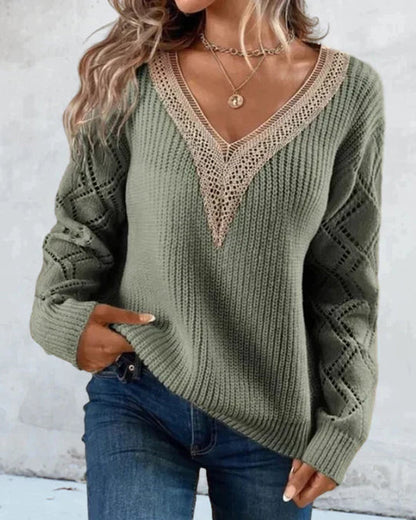 Women’s Sweater – Relaxed Fit – Soft Knit – V-Neck Lace Trim – Diamond Sleeve Detail