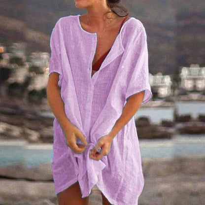 Women’s Tunic Top – Relaxed Fit – Natural Fibers – Short Sleeve – Tie Front Styling