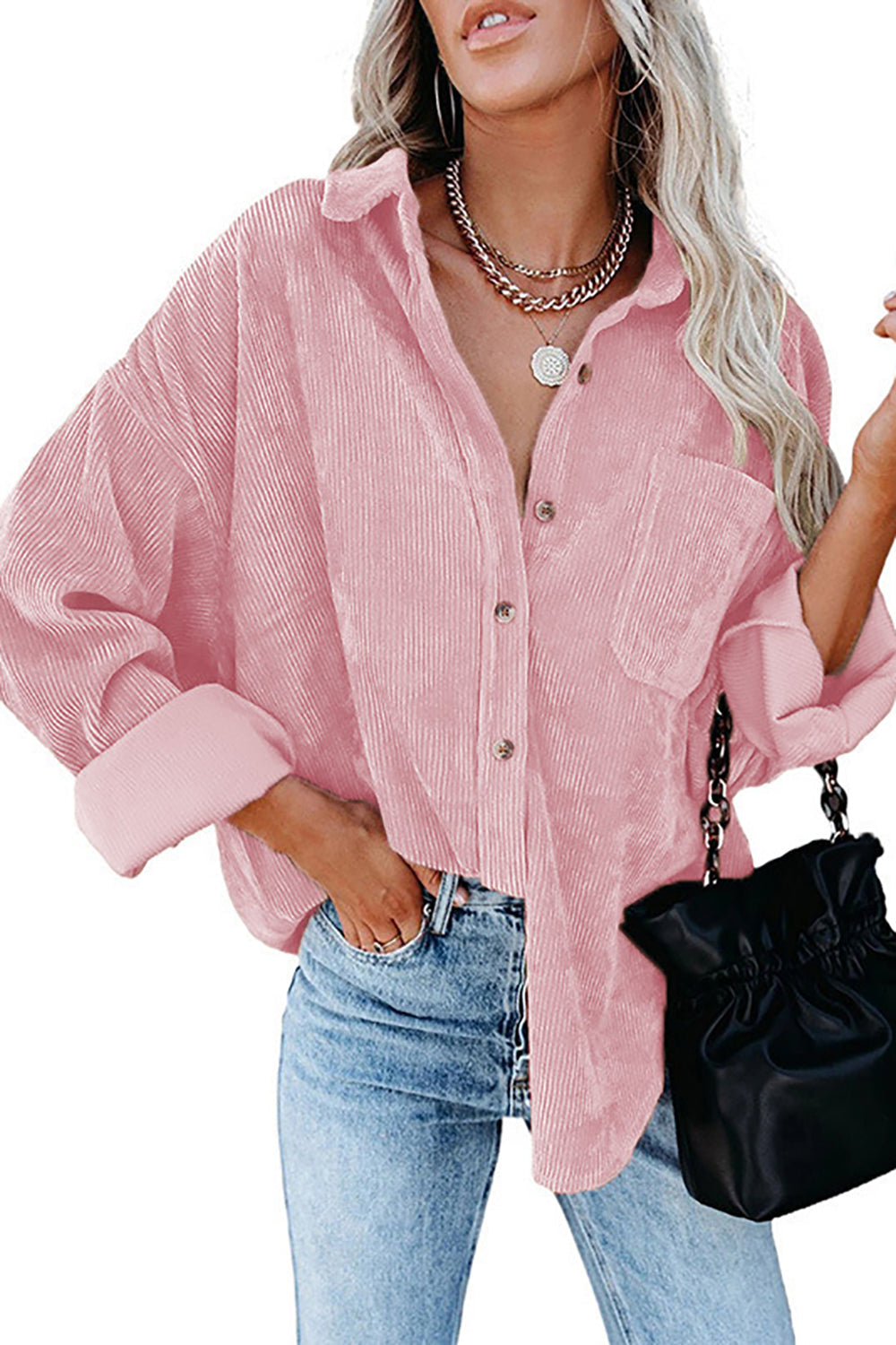 Women’s Button-Up Shirt – Corduroy Texture – Oversized Fit – Casual Hip-Length Style