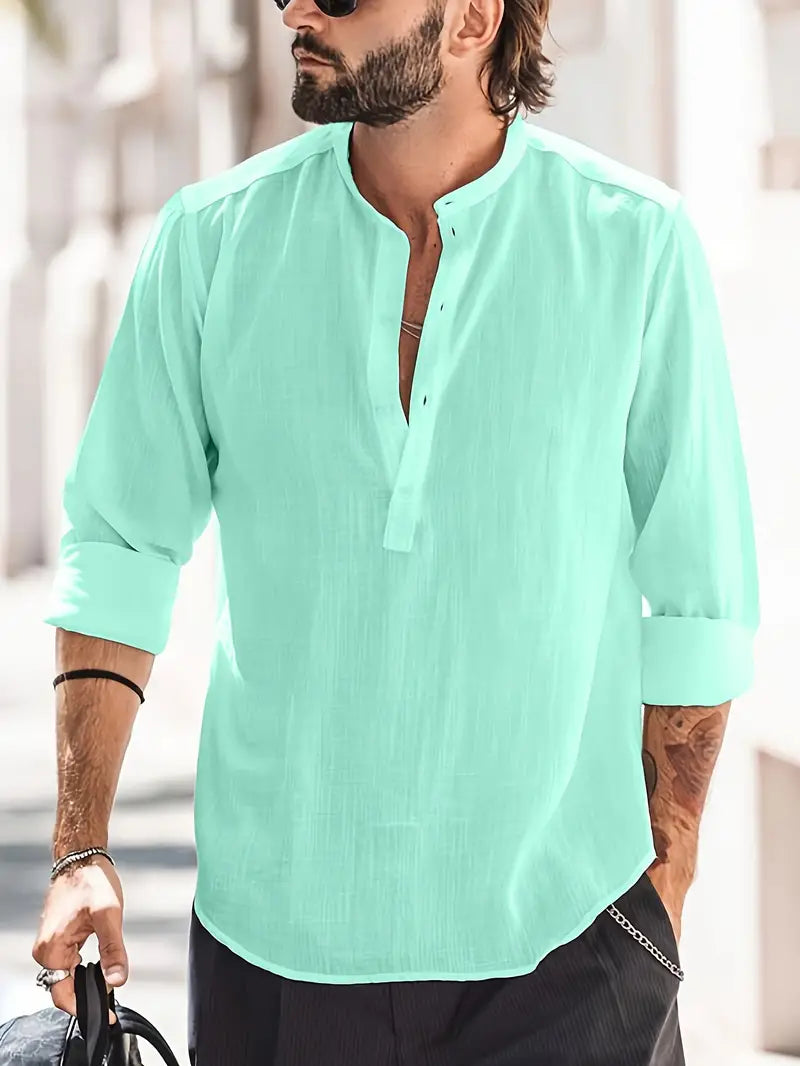 Men’s Long Sleeve Shirt – Relaxed Fit – Band Collar – Natural Fibers – Casual Wear