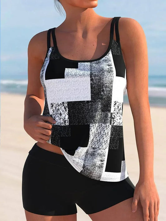 Women’s Tankini Set – Relaxed Fit – Double Strap – Geometric Print – Breathable Blend