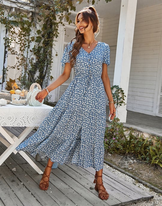 Women's Maxi Dress - Floral Print - V-Neck - Short Sleeve - Cinched Waist - Front Slit