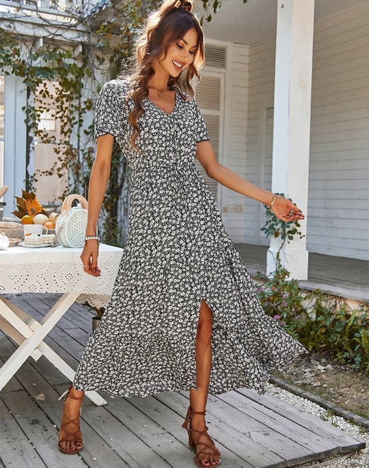 Women's Maxi Dress - Floral Print - V-Neck - Short Sleeve - Cinched Waist - Front Slit