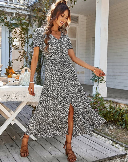 Women's Maxi Dress - Floral Print - V-Neck - Short Sleeve - Cinched Waist - Front Slit