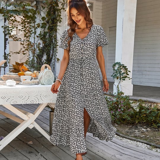 Women's Maxi Dress - Floral Print - V-Neck - Short Sleeve - Cinched Waist - Front Slit