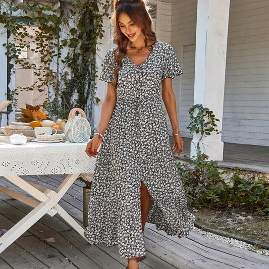 Women's Maxi Dress - Floral Print - V-Neck - Short Sleeve - Cinched Waist - Front Slit
