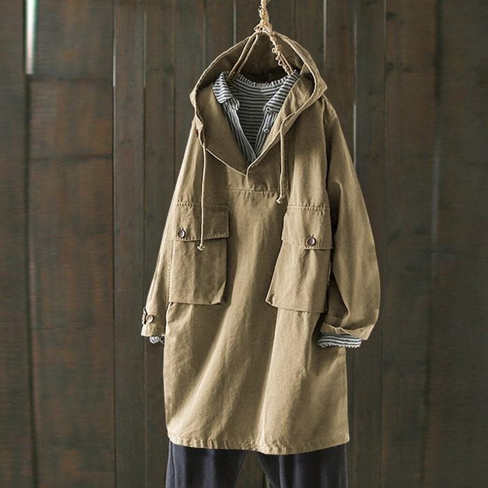 Women’s Hooded Jacket – Oversized Fit – Cotton Blend – V-Neck – Buttoned Pockets