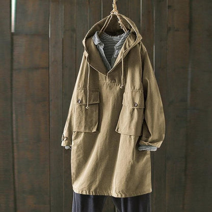 Women’s Hooded Jacket – Oversized Fit – Cotton Blend – V-Neck – Buttoned Pockets