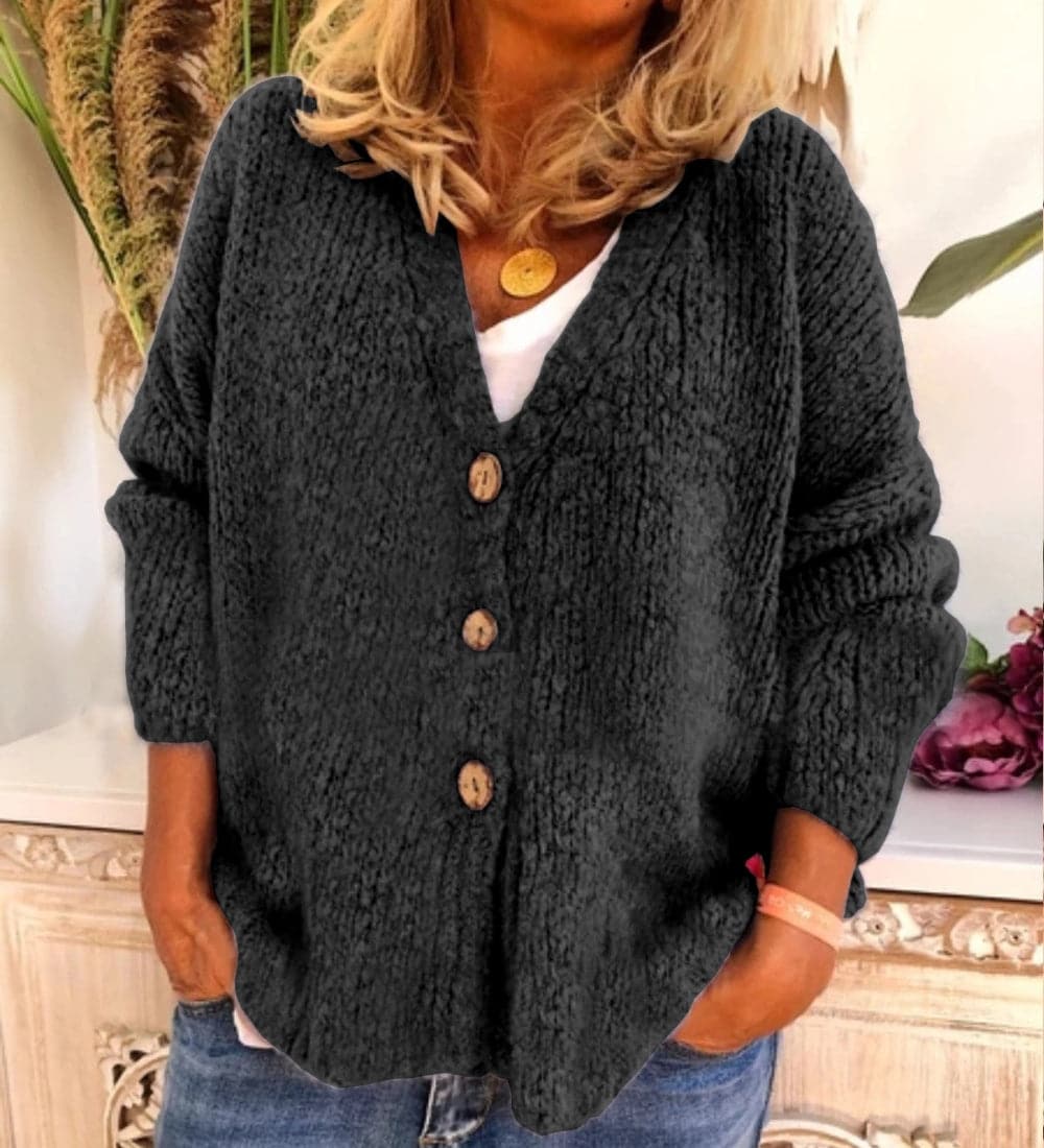 Women’s Cardigan – Relaxed Fit – Chunky Knit – V-Neck – Button Front – Ribbed Trim