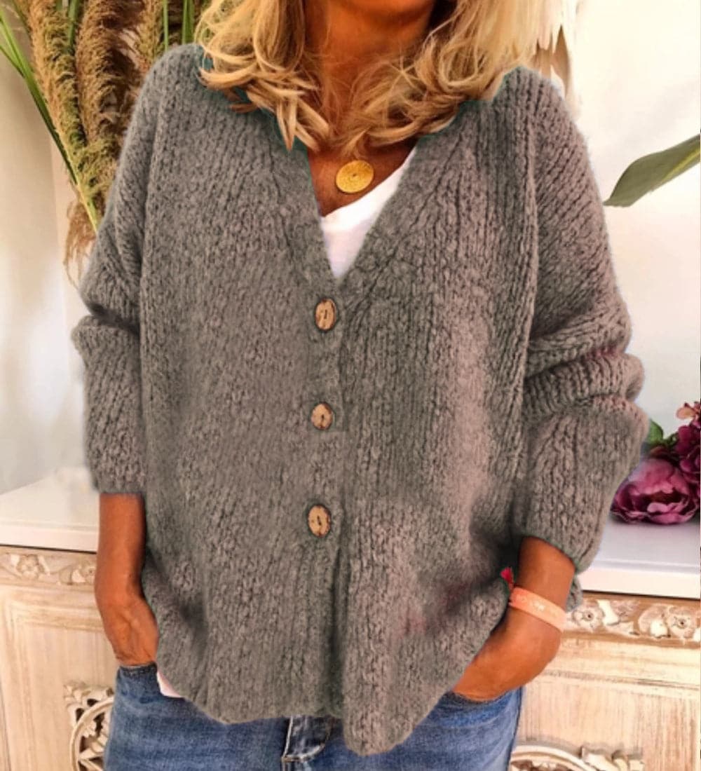 Women’s Cardigan – Relaxed Fit – Chunky Knit – V-Neck – Button Front – Ribbed Trim