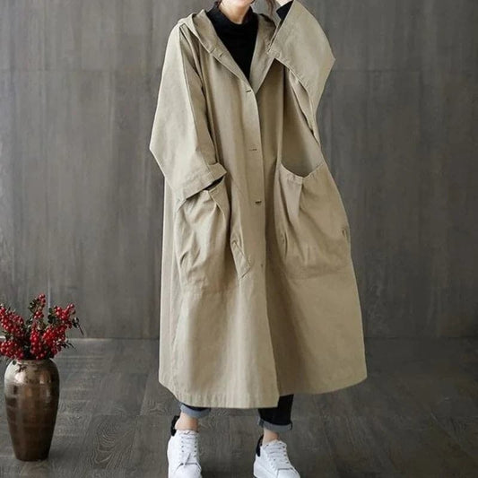 Women’s Trenchcoat – Oversized Fit – Long Length – Hooded – Cotton Blend – Large Pockets