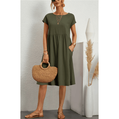 Women's Midi Dress - A-Line Silhouette - Short Sleeve - Crew Neck - Lightweight Fabric