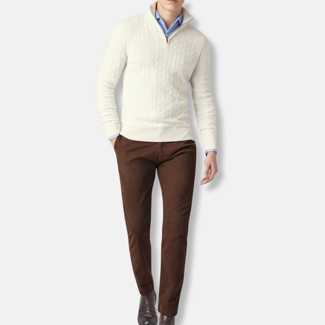 Freddie Cable Knit Stand Collar Sweater | Regular Fit Hip-Length Sweater