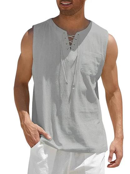 Men’s Tank Top – Relaxed Fit – Lace-Up Front – Chest Pocket – Breathable Blend