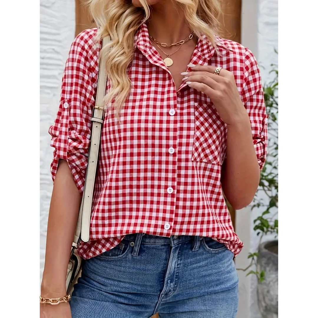 Women’s Casual Shirt – Relaxed Fit – Gingham Check – Cotton – Button Front
