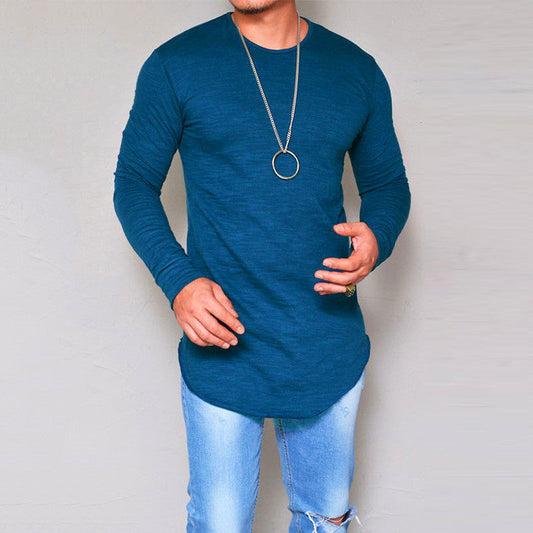 Men’s Long Sleeve T-Shirt – Slim Fit – Cotton Blend – Round Neck – Extended Hem