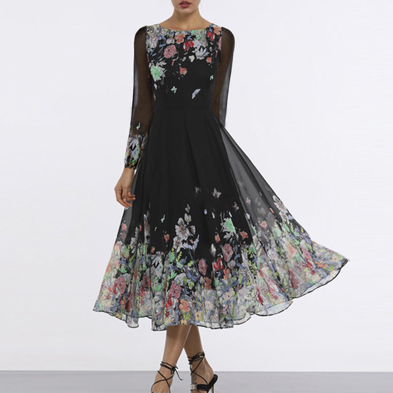 Women’s Maxi Dress – Tulle – Floral Appliqué – Sheer Sleeves – Flared Elegant Fit