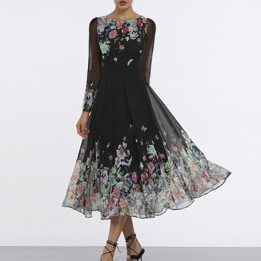 Women’s Maxi Dress – Tulle – Floral Appliqué – Sheer Sleeves – Flared Elegant Fit