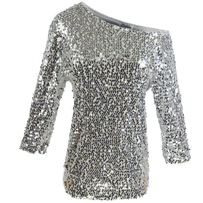 Women’s Sequin Top – Off Shoulder – Mid Sleeve – Relaxed Fit – Party Casual Wear