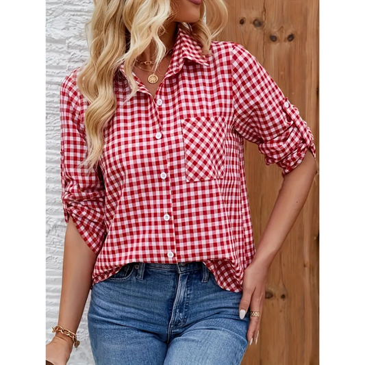 Women’s Casual Shirt – Relaxed Fit – Gingham Check – Cotton – Button Front