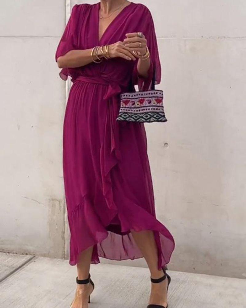 Women's Midi Dress - Wrap V-Neck - Flowy Fit - Half Sleeve - Belted Waist - Asymmetrical Hem