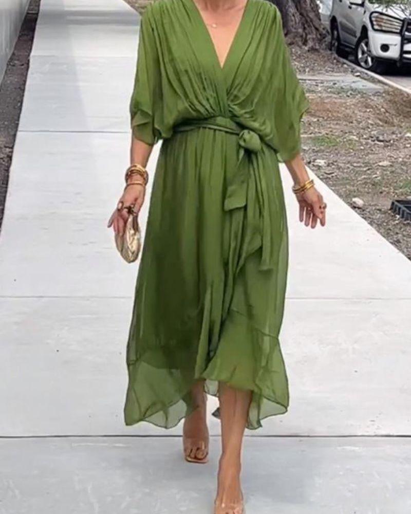 Women's Midi Dress - Wrap V-Neck - Flowy Fit - Half Sleeve - Belted Waist - Asymmetrical Hem