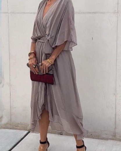 Women's Midi Dress - Wrap V-Neck - Flowy Fit - Half Sleeve - Belted Waist - Asymmetrical Hem
