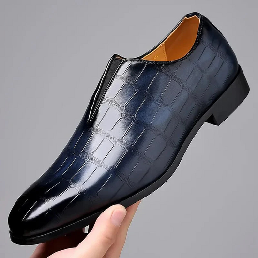 Men’s Dress Shoes – Slip-On Leather – Glossy Crocodile Texture – Formal Low Top