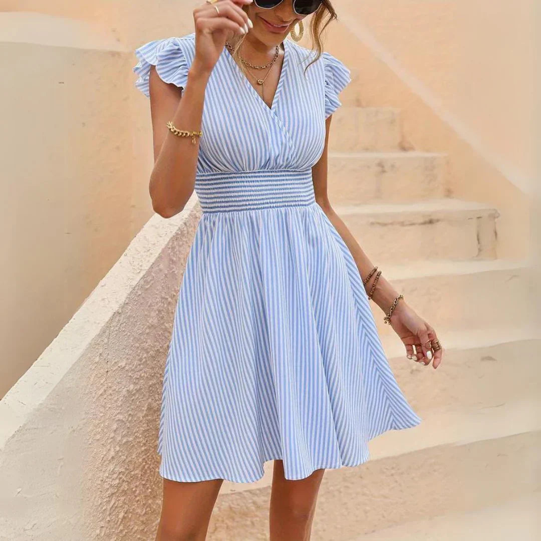 Women's Striped Dress - V-Neck - Ruffle Short Sleeves - Cinched Waist - A-Line Hem