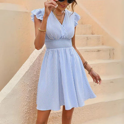 Women's Striped Dress - V-Neck - Ruffle Short Sleeves - Cinched Waist - A-Line Hem