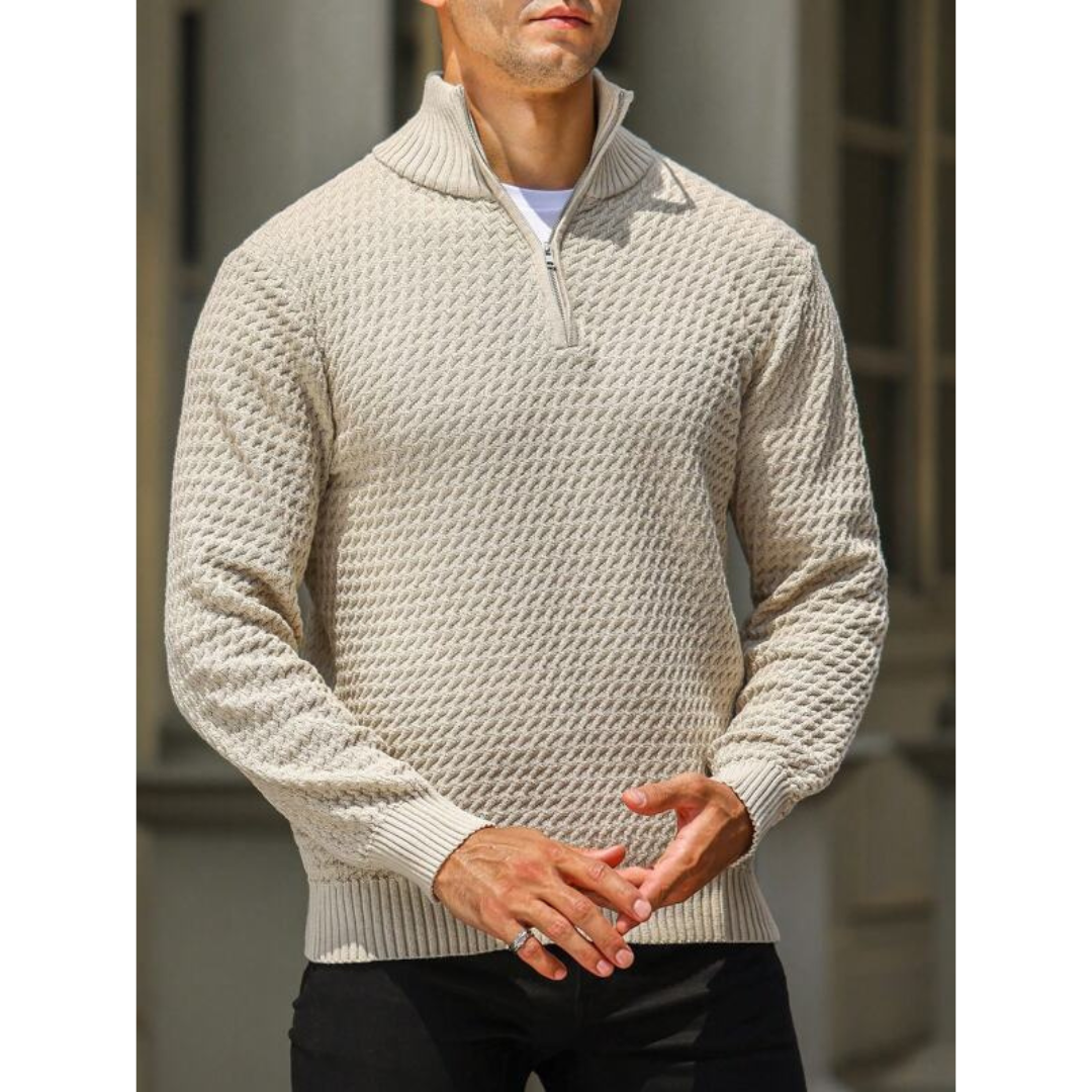 Men’s Half Zip Sweater – Textured Knit – Tailored Fit – Ribbed Collar and Cuffs
