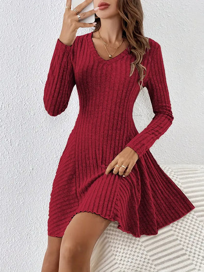 Women's Ribbed V-Neck Dress - Long Sleeve - Fitted Bodice - A-Line Knee Length