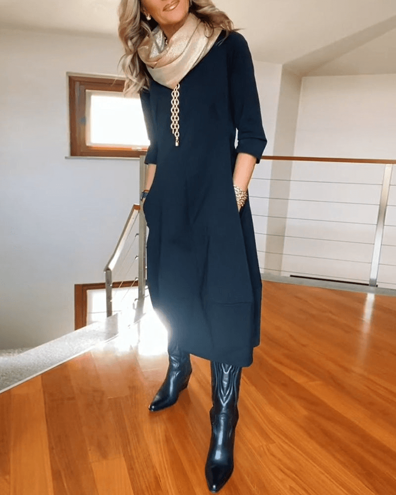 Women's Midi Dress - Three-Quarter Sleeve - Fitted Waist - Minimalist Elegant Style