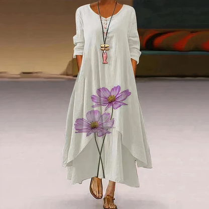 Women's Maxi Dress - Long Sleeve - Flowing Fit - Round Neck - Button Front - Floral Print