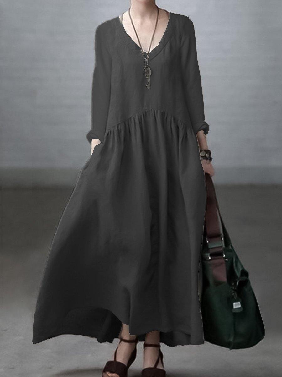 Women’s Maxi Dress – Natural Fibers – Relaxed Fit – V-Neck – Long Sleeve Flowing Style