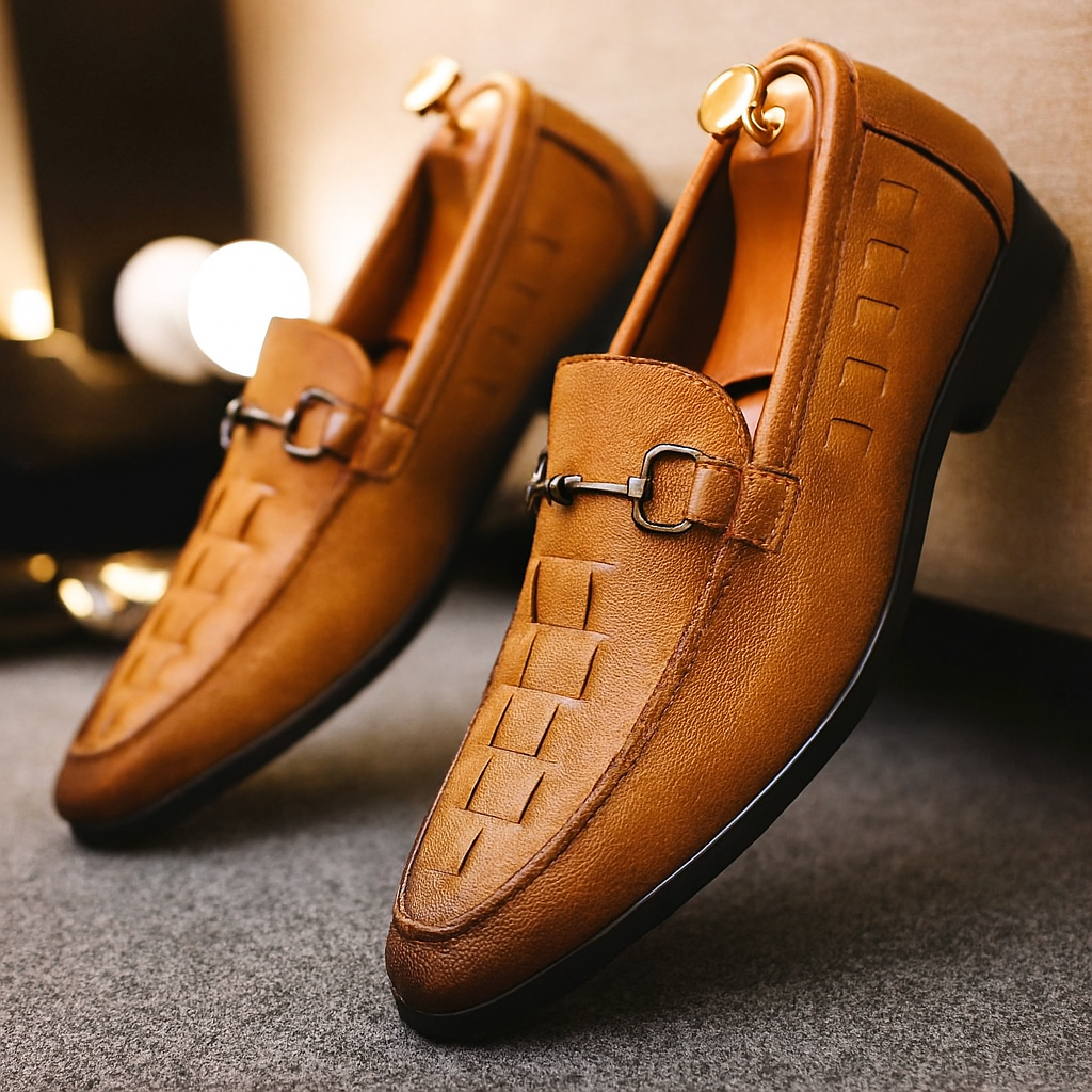 Men’s Loafers – Leather – Slip-On – Woven Vamp – Metal Horsebit – Almond Toe – Low Heel