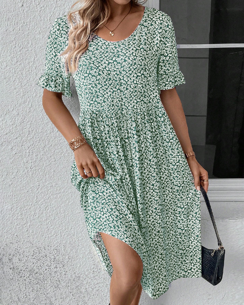 Women's A-Line Dress - Lightweight Cotton - Knee-Length - Short Sleeve Floral Print
