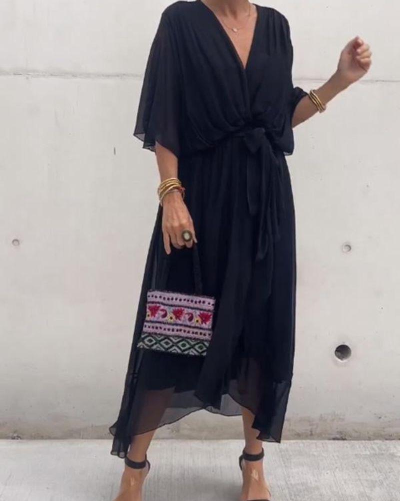 Women's Midi Dress - Wrap V-Neck - Flowy Fit - Half Sleeve - Belted Waist - Asymmetrical Hem
