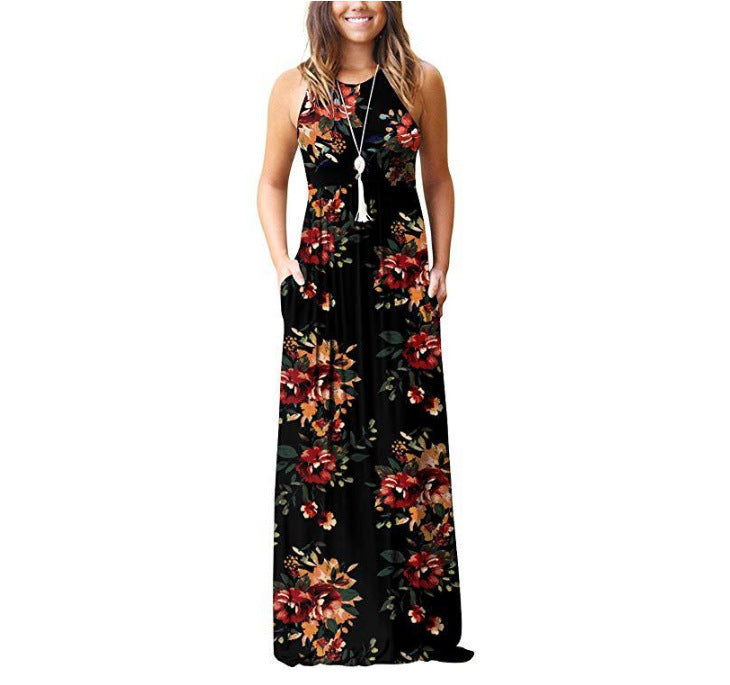 Women's Maxi Dress - Sleeveless Round Neck - Floral Print - Loose Fit with Pockets