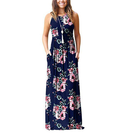 Women's Maxi Dress - Sleeveless Round Neck - Floral Print - Loose Fit with Pockets