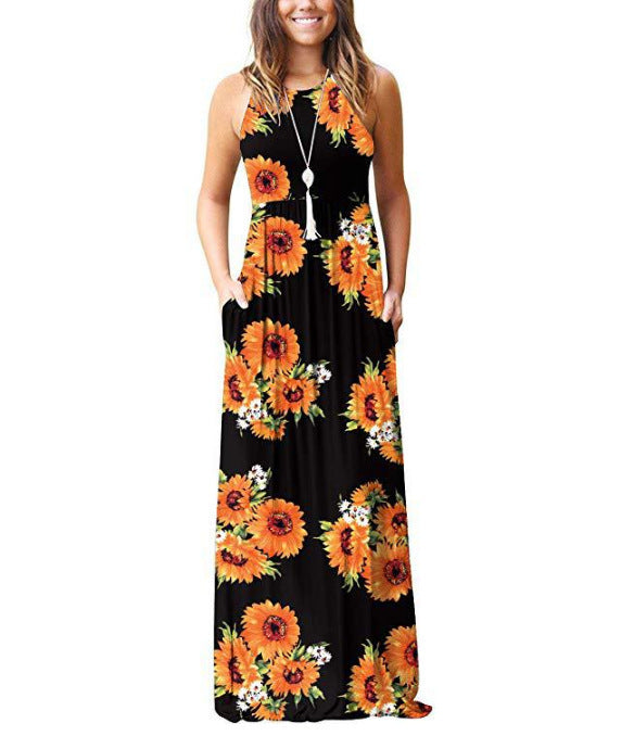 Women's Maxi Dress - Sleeveless Round Neck - Floral Print - Loose Fit with Pockets