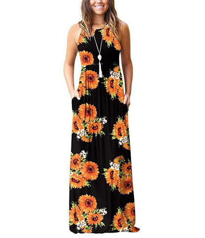 Women's Maxi Dress - Sleeveless Round Neck - Floral Print - Loose Fit with Pockets