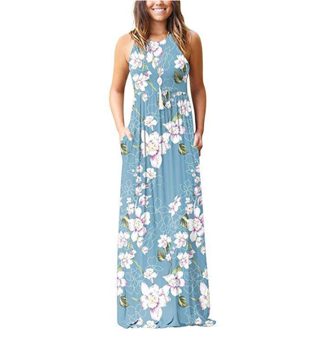 Women's Maxi Dress - Sleeveless Round Neck - Floral Print - Loose Fit with Pockets