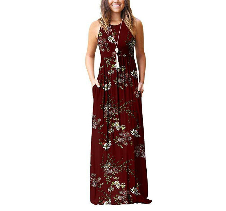 Women's Maxi Dress - Sleeveless Round Neck - Floral Print - Loose Fit with Pockets