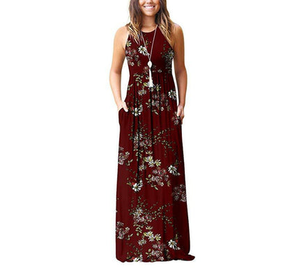 Women's Maxi Dress - Sleeveless Round Neck - Floral Print - Loose Fit with Pockets